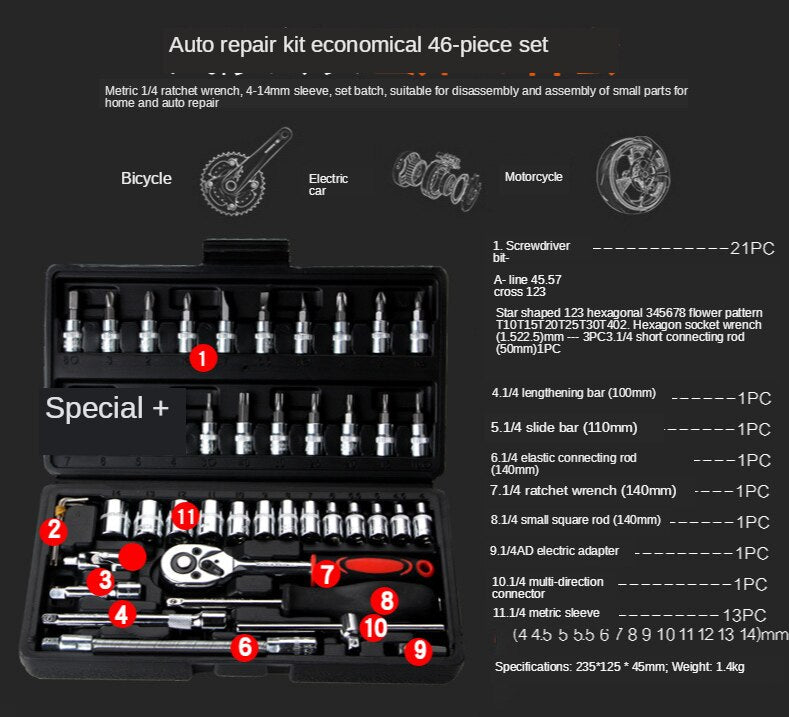 Car/MotorBike/Bicycle Repair Tool 46pcs 1/4-Inch Socket Set